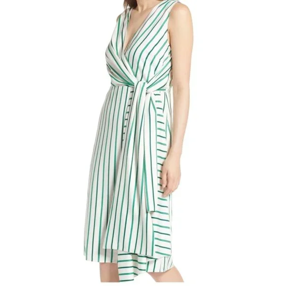 Halogen Draped Faux Wrap Striped Green White Dress L Green White Lined - Picture 5 of 16